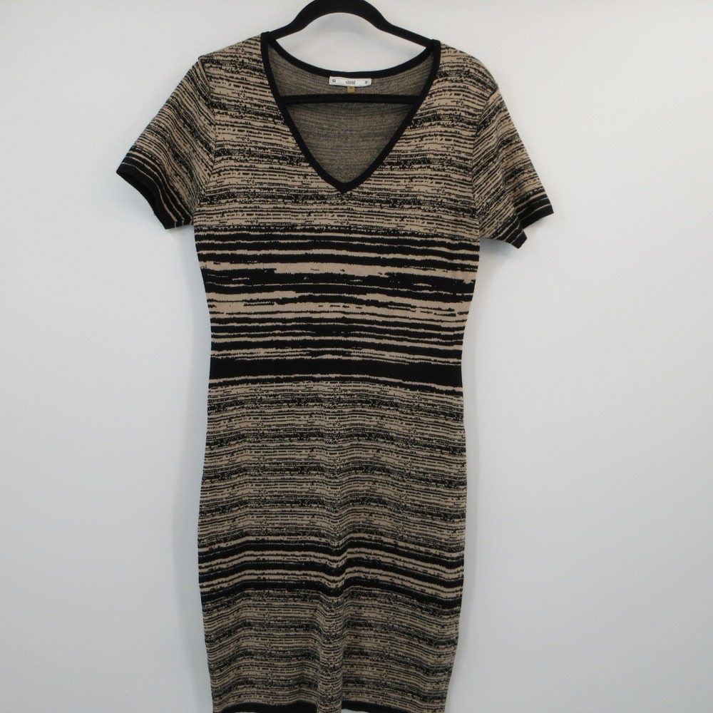 Sioni Womens Tan Black Abstract Stripe V-Neck Knit Sheath Dress Size M